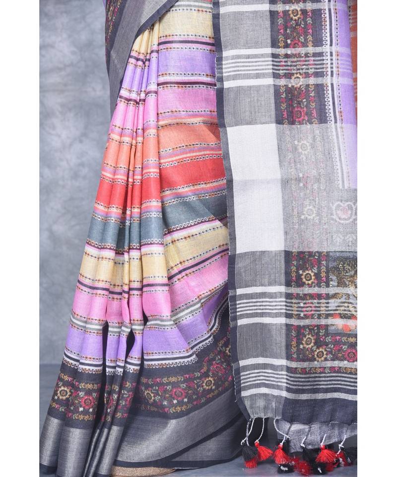 multicolor Handloom Linen digital print sarees