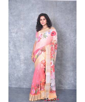 multicolor Handloom Linen digital print sarees 1