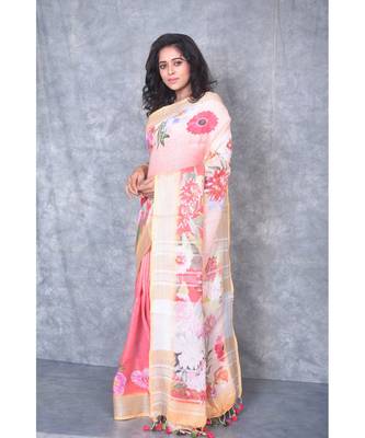 multicolor Handloom Linen digital print sarees 2
