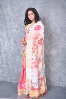 multicolor Handloom Linen digital print sarees