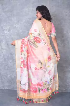 multicolor Handloom Linen digital print sarees