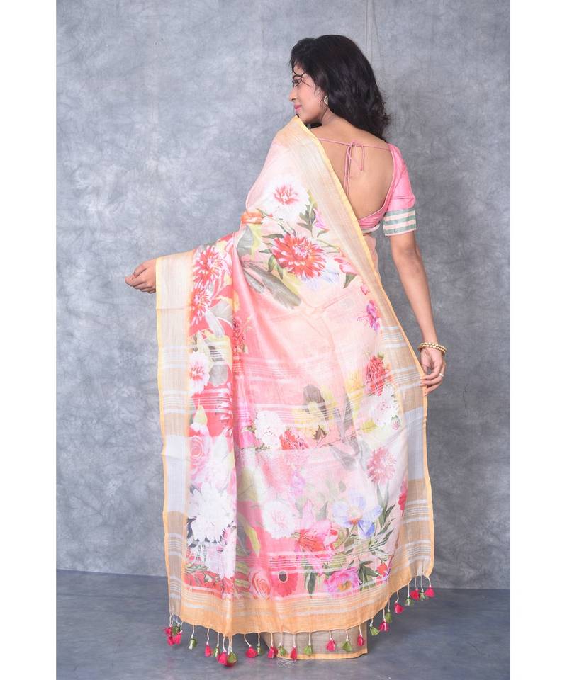 multicolor Handloom Linen digital print sarees
