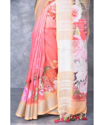multicolor Handloom Linen digital print sarees 4