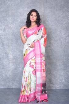 multicolor Handloom Linen digital print sarees