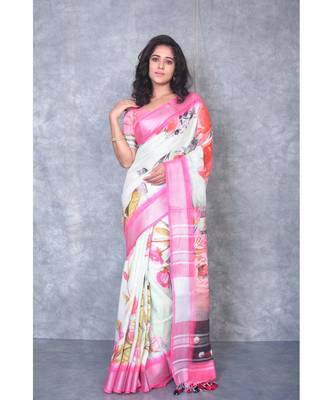multicolor Handloom Linen digital print sarees 1