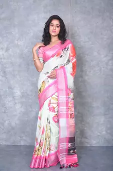 multicolor Handloom Linen digital print sarees