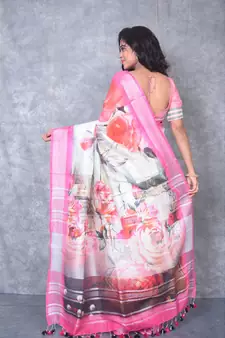multicolor Handloom Linen digital print sarees
