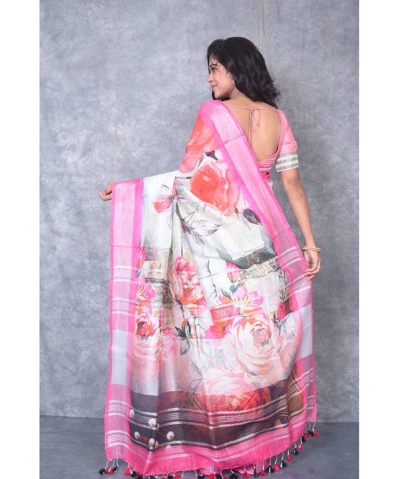 multicolor Handloom Linen digital print sarees