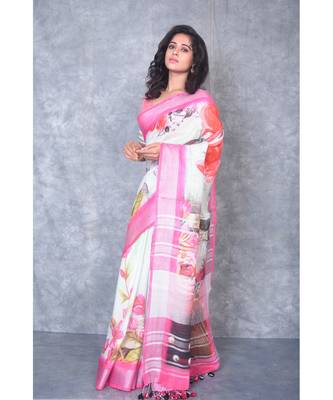 multicolor Handloom Linen digital print sarees 3