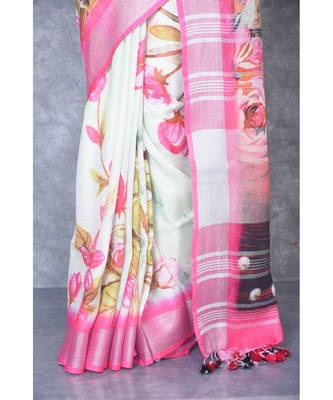 multicolor Handloom Linen digital print sarees 4