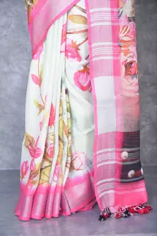 multicolor Handloom Linen digital print sarees