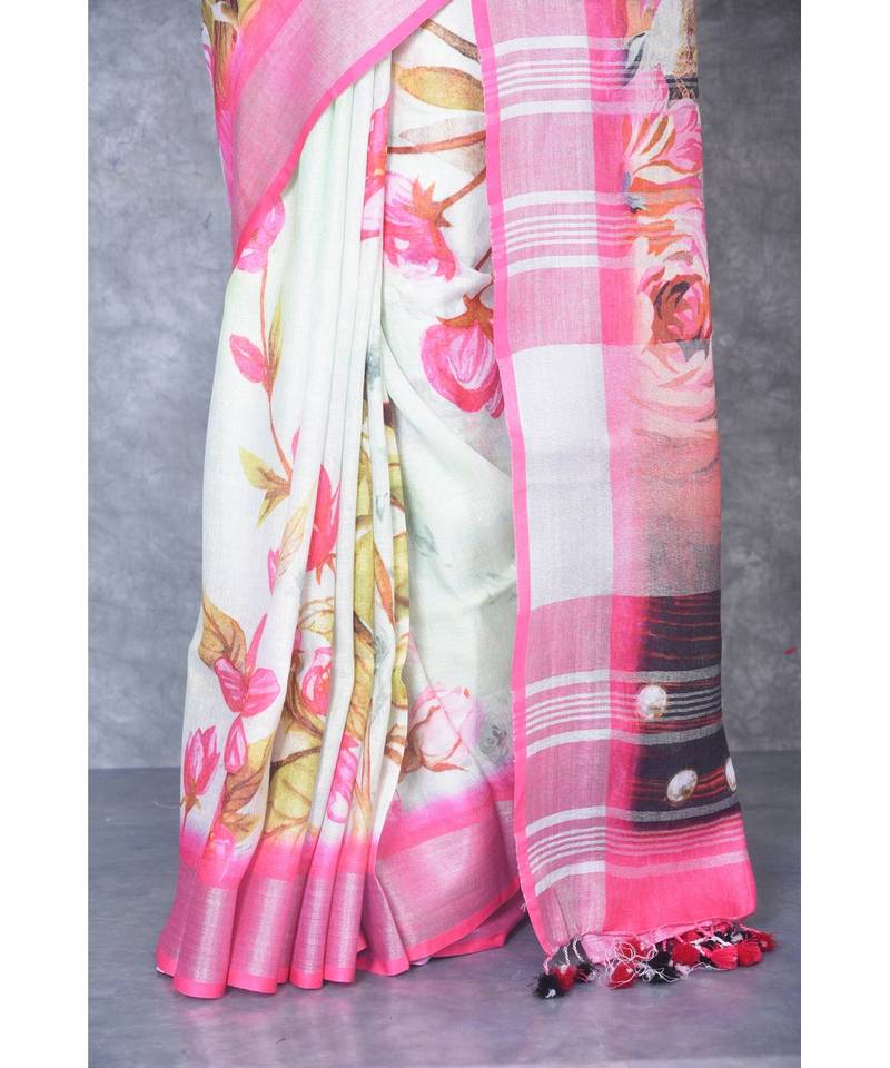 multicolor Handloom Linen digital print sarees