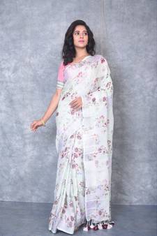 multicolor Handloom Linen digital print sarees