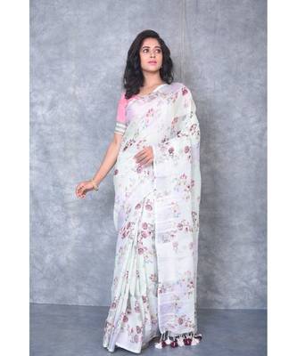 multicolor Handloom Linen digital print sarees 1