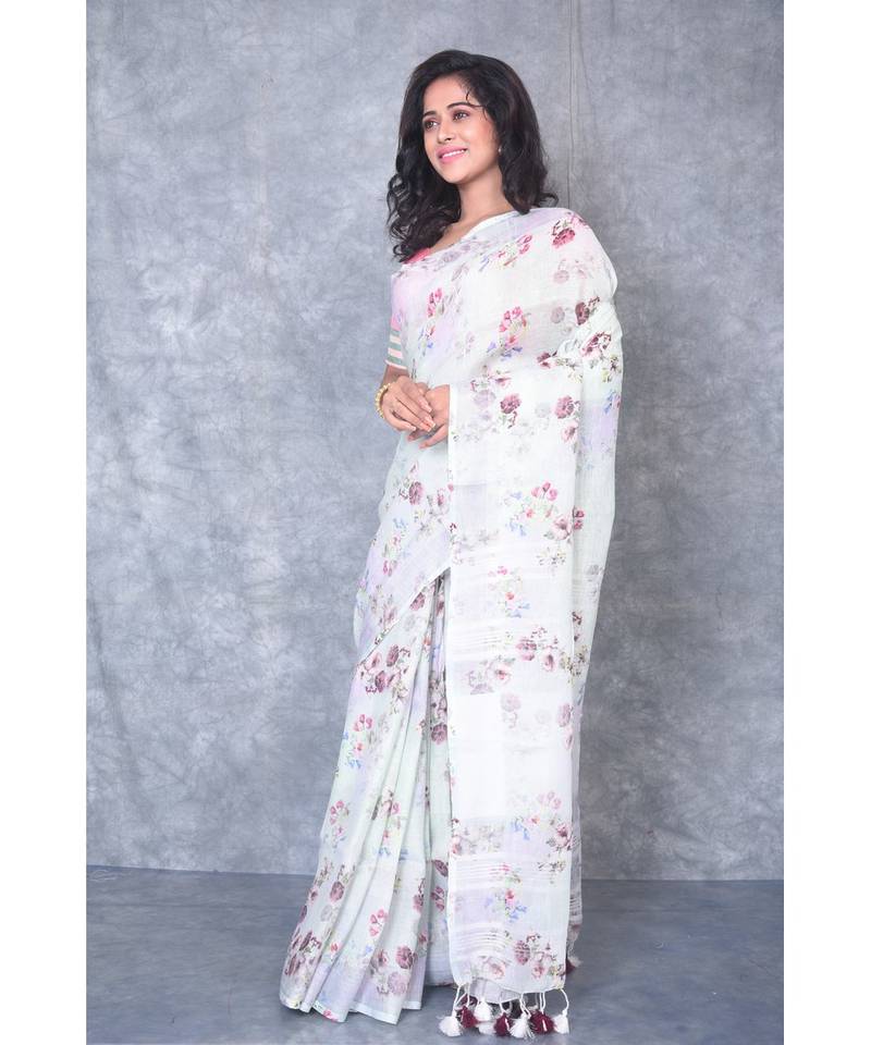 multicolor Handloom Linen digital print sarees