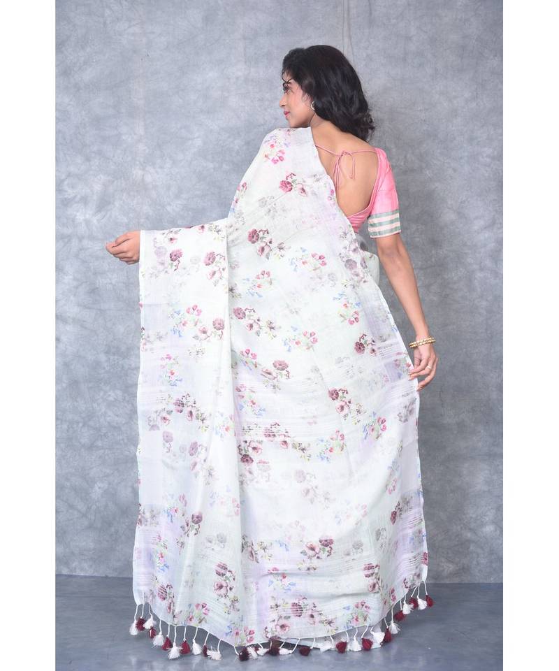multicolor Handloom Linen digital print sarees