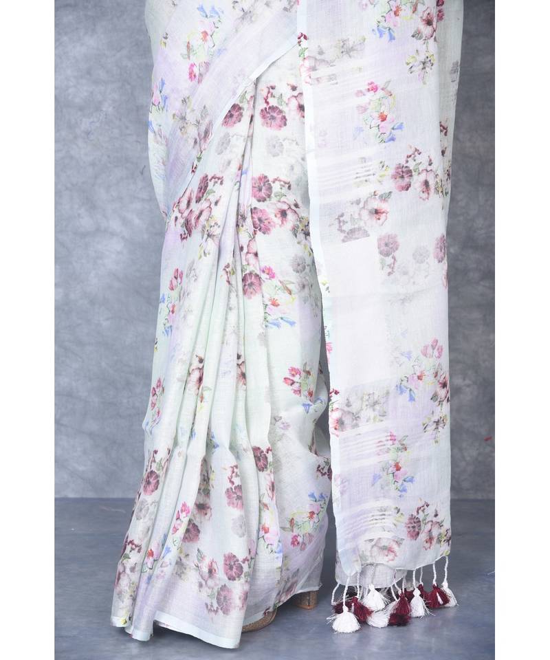 multicolor Handloom Linen digital print sarees