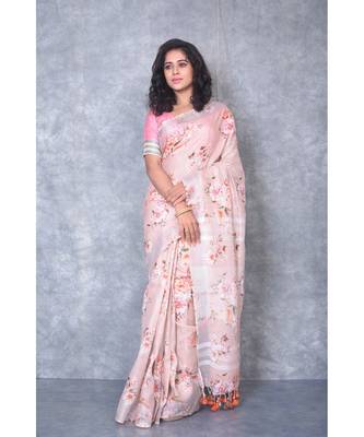 multicolor Handloom Linen digital print sarees 1