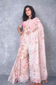 multicolor Handloom Linen digital print sarees