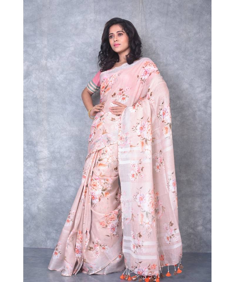 multicolor Handloom Linen digital print sarees
