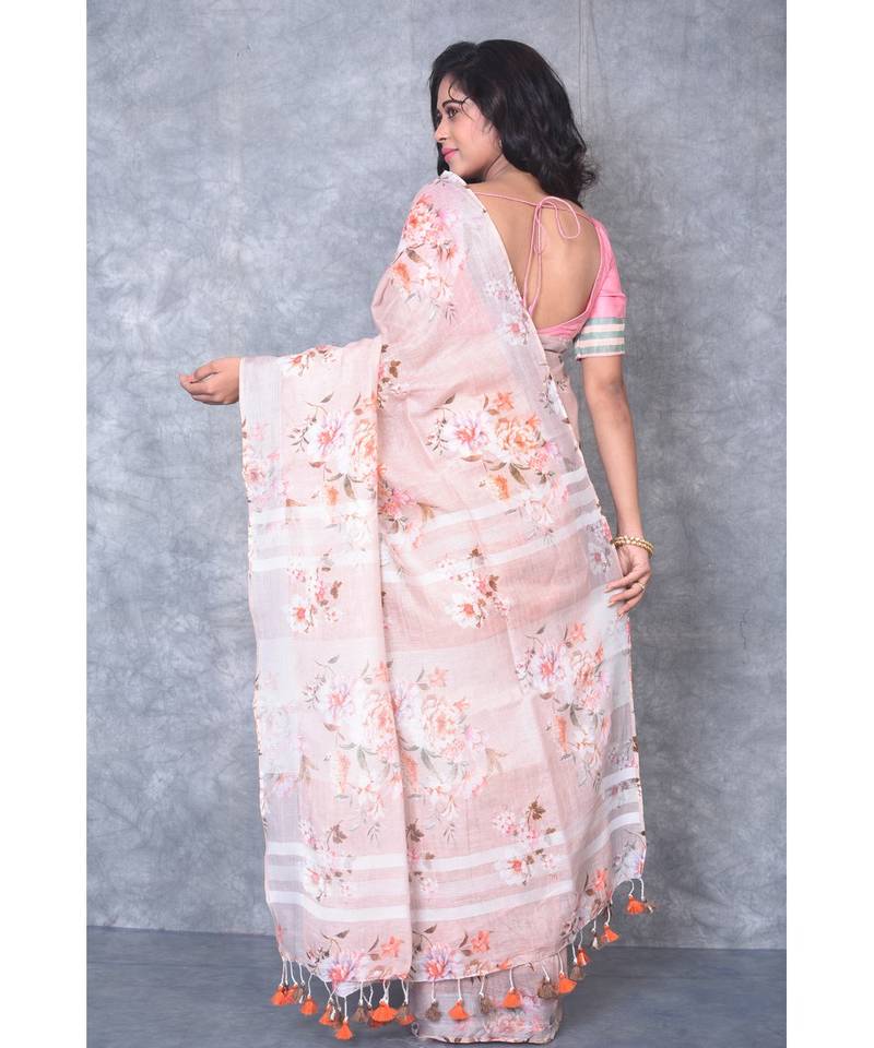multicolor Handloom Linen digital print sarees