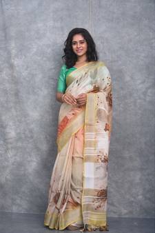 multicolor Handloom Linen digital print sarees