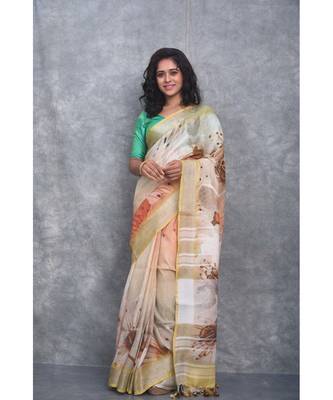 multicolor Handloom Linen digital print sarees 1