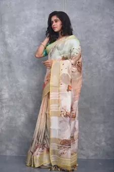 multicolor Handloom Linen digital print sarees