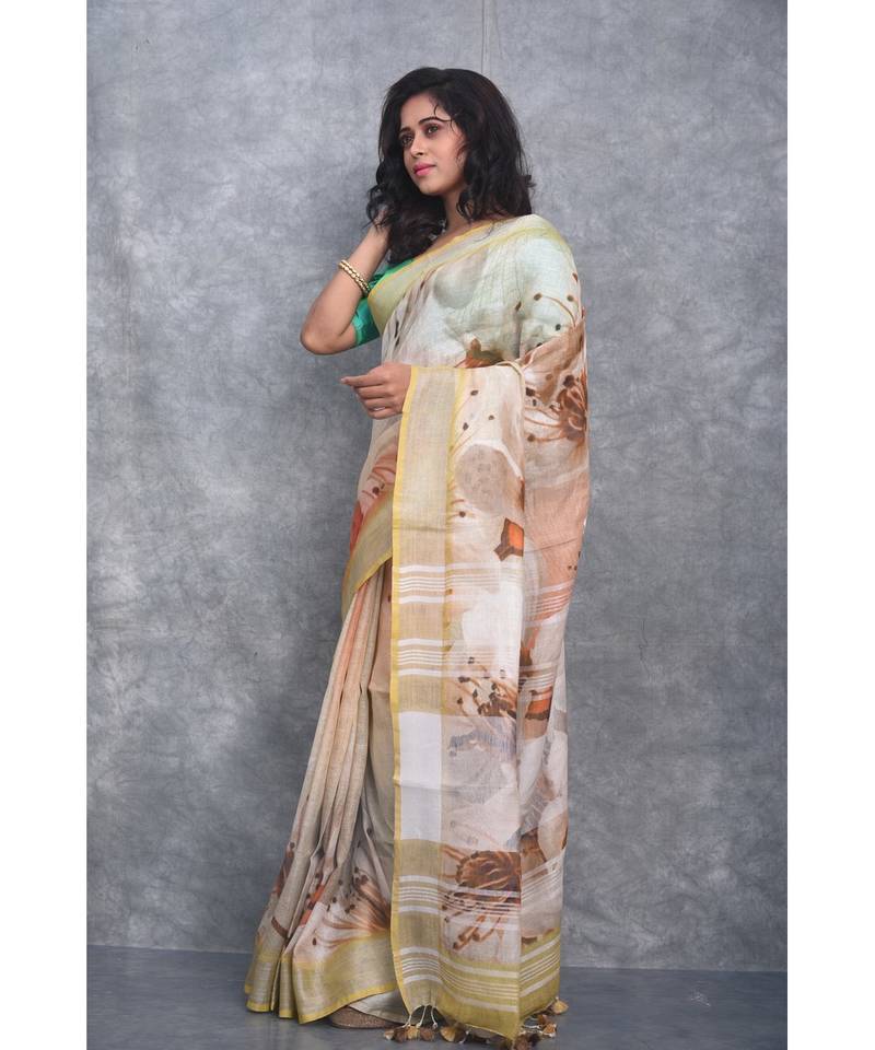 multicolor Handloom Linen digital print sarees