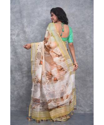 multicolor Handloom Linen digital print sarees 3
