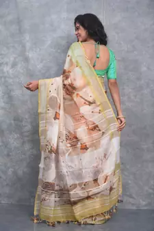 multicolor Handloom Linen digital print sarees