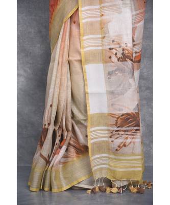multicolor Handloom Linen digital print sarees 4