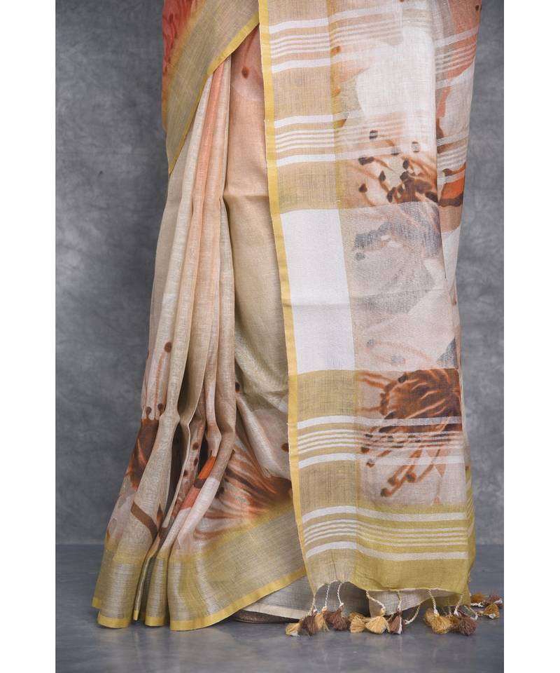 multicolor Handloom Linen digital print sarees