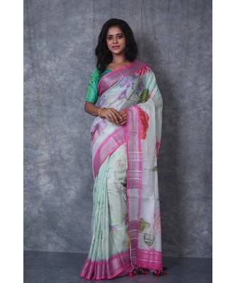 multicolor Handloom Linen digital print sarees 1