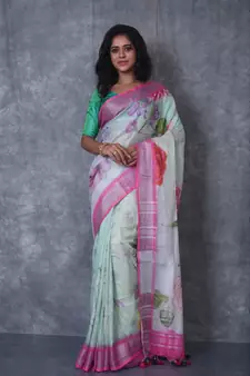 multicolor Handloom Linen digital print sarees