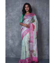 multicolor Handloom Linen digital print sarees