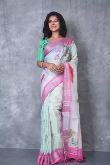 multicolor Handloom Linen digital print sarees