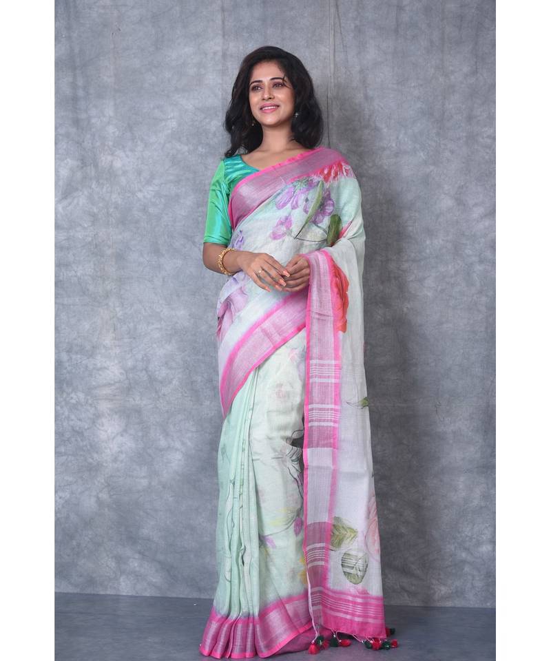 multicolor Handloom Linen digital print sarees
