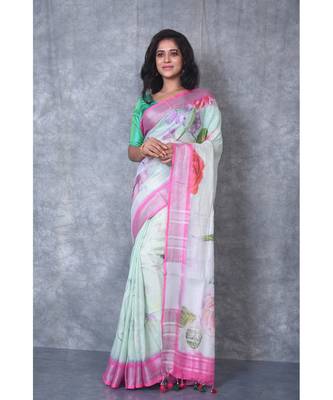 multicolor Handloom Linen digital print sarees 3