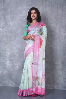 multicolor Handloom Linen digital print sarees