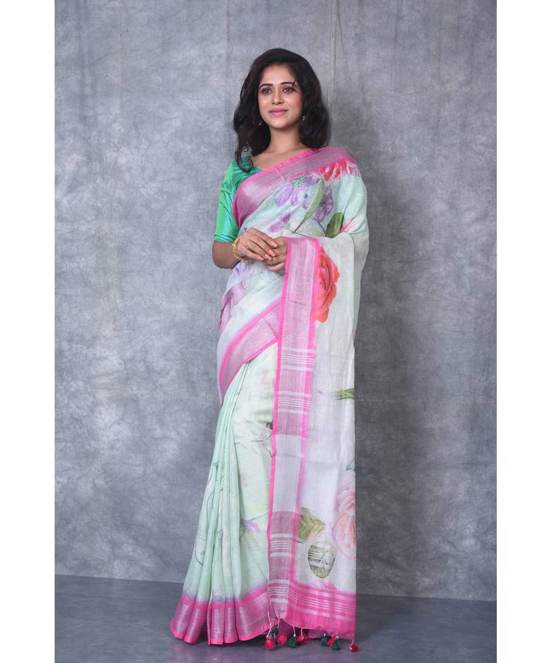 multicolor Handloom Linen digital print sarees