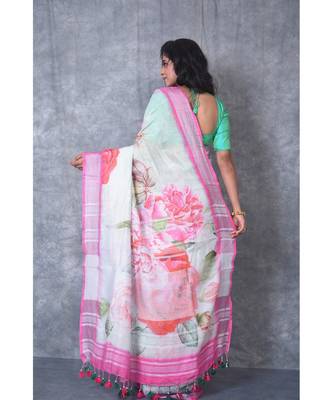 multicolor Handloom Linen digital print sarees 4