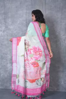 multicolor Handloom Linen digital print sarees
