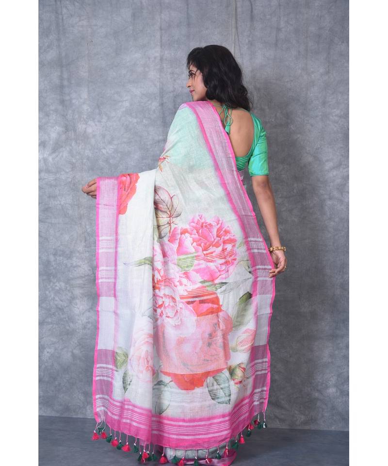 multicolor Handloom Linen digital print sarees
