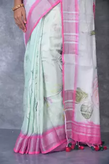 multicolor Handloom Linen digital print sarees