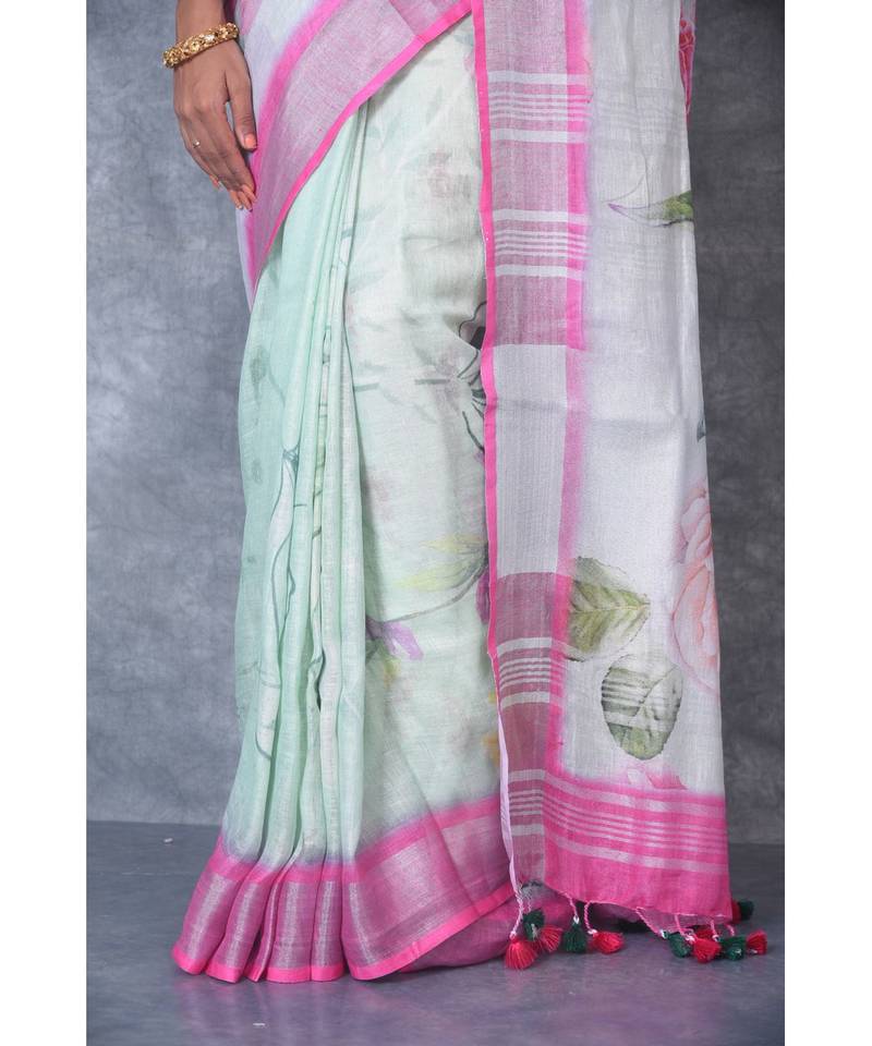multicolor Handloom Linen digital print sarees