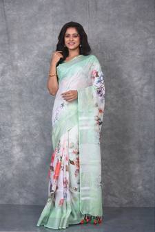 multicolor Handloom Linen digital print sarees