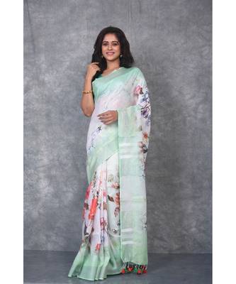 multicolor Handloom Linen digital print sarees 1