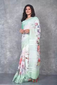 multicolor Handloom Linen digital print sarees