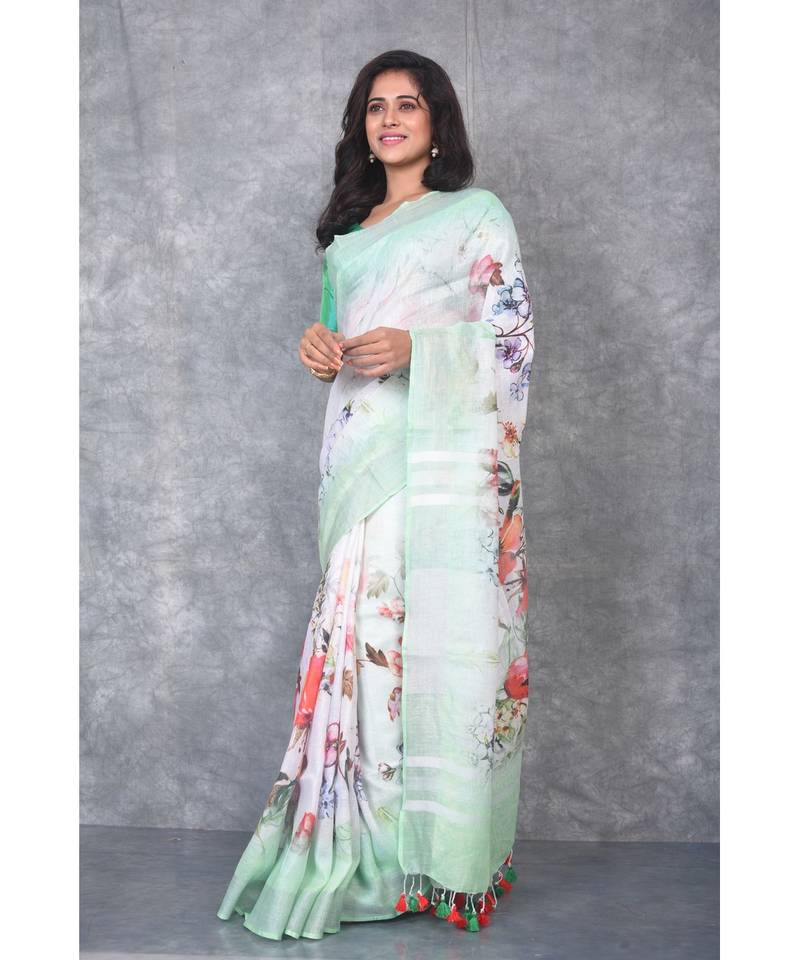 multicolor Handloom Linen digital print sarees